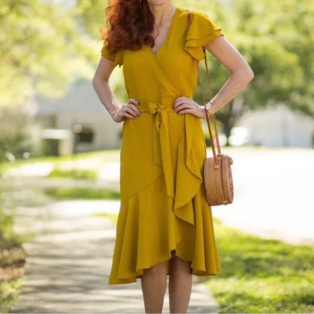 A New Day Gold Wrap Dress Flutter Sleeve Midi Dress Size XXL Summer Dress